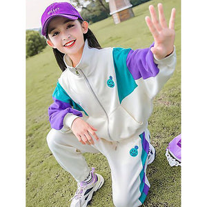 Cream With Teal & Purple Stripes 2Pcs Track Suit Set For Kids & Tweens - 5 - 6 Years Kids Clothing