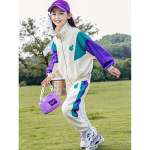 Cream With Teal & Purple Stripes 2Pcs Track Suit Set For Kids & Tweens - 5 - 6 Years Kids Clothing