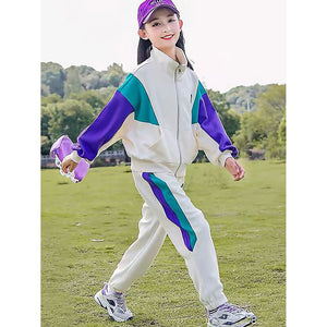 Cream With Teal & Purple Stripes 2Pcs Track Suit Set For Kids & Tweens - 5 - 6 Years Kids Clothing