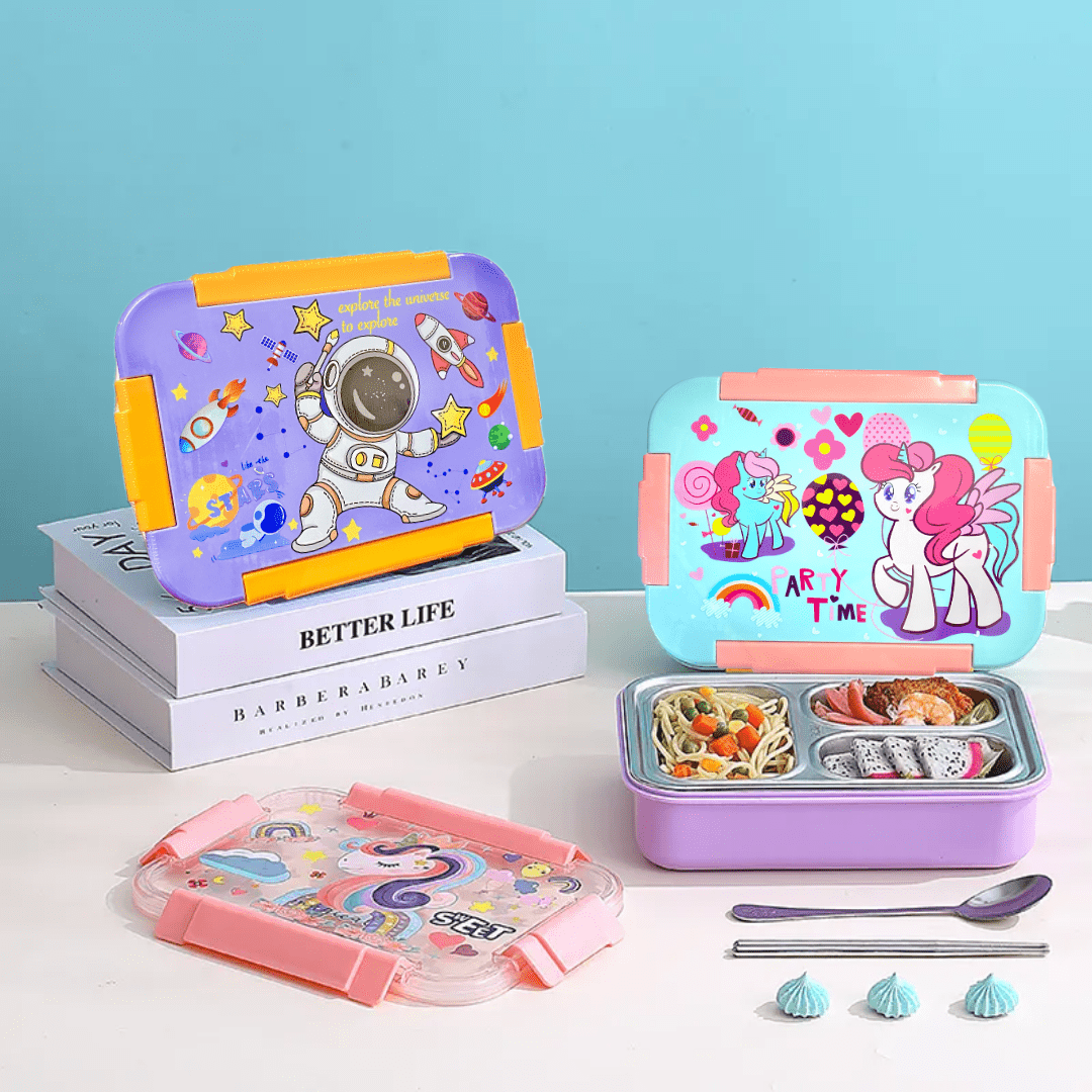 Cuddle Nest Kids Astronaut Printed 3 - Compartment Bento Lunch Box - S.S. Utensils Lunch Box_Astronaut_24*18*7