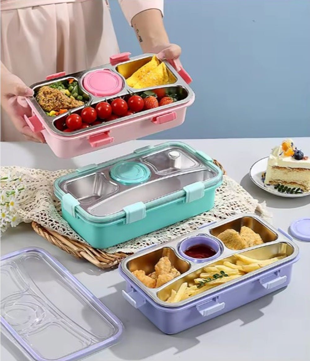 CuddleNest 3 Compartment Stainless Steel Lunch Box with Extra Sauce Bowl - Lunch Box_7109_4 Com_Pink