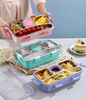 CuddleNest 3 Compartment Stainless Steel Lunch Box with Extra Sauce Bowl - Lunch Box_7109_4 Com_Pink
