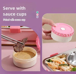 CuddleNest 3 Compartment Stainless Steel Lunch Box with Extra Sauce Bowl - Lunch Box_7109_4 Com_Purple