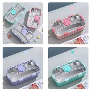 CuddleNest 3 Compartment Stainless Steel Lunch Box with Extra Sauce Bowl - Lunch Box_7109_4 Com_Pink