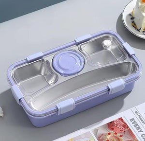 CuddleNest 3 Compartment Stainless Steel Lunch Box with Extra Sauce Bowl - Lunch Box_7109_4 Com_Purple