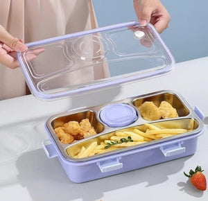 CuddleNest 3 Compartment Stainless Steel Lunch Box with Extra Sauce Bowl - Lunch Box_7109_4 Com_Purple