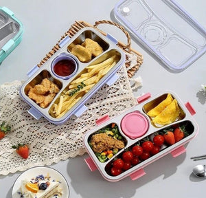 CuddleNest 3 Compartment Stainless Steel Lunch Box with Extra Sauce Bowl - Lunch Box_7109_4 Com_Pink