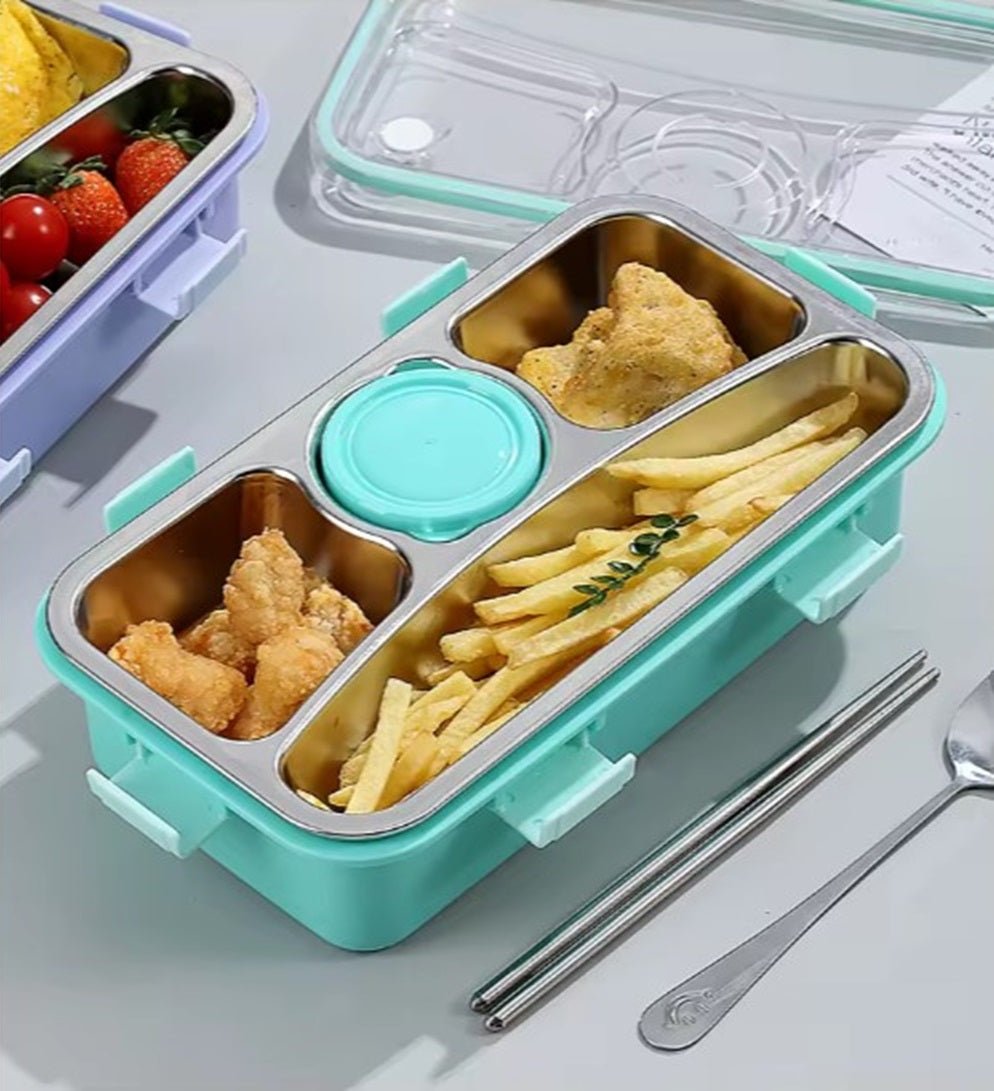 CuddleNest 3 Compartment Stainless Steel Lunch Box with Extra Sauce Bowl - Lunch Box_7109_4 Com_Pink