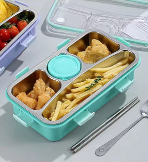 CuddleNest 3 Compartment Stainless Steel Lunch Box with Extra Sauce Bowl - Lunch Box_7109_4 Com_Pink
