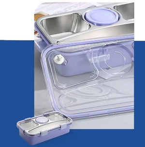 CuddleNest 3 Compartment Stainless Steel Lunch Box with Extra Sauce Bowl - Lunch Box_7109_4 Com_Pink
