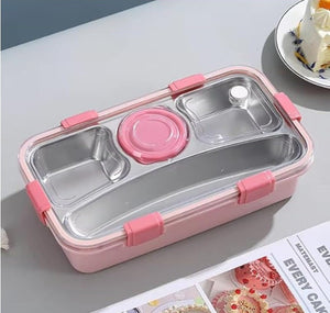 CuddleNest 3 Compartment Stainless Steel Lunch Box with Extra Sauce Bowl - Lunch Box_7109_4 Com_Pink