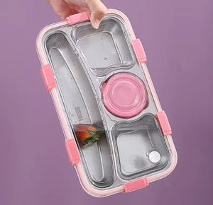 CuddleNest 3 Compartment Stainless Steel Lunch Box with Extra Sauce Bowl - Lunch Box_7109_4 Com_Pink