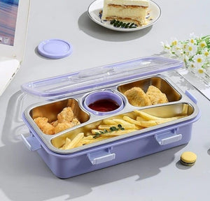 CuddleNest 3 Compartment Stainless Steel Lunch Box with Extra Sauce Bowl - Lunch Box_7109_4 Com_Purple