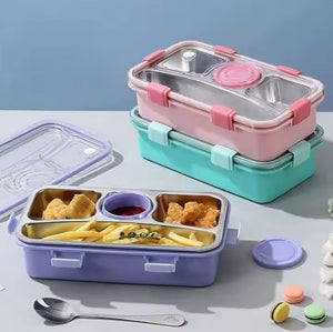 CuddleNest 3 Compartment Stainless Steel Lunch Box with Extra Sauce Bowl - Lunch Box_7109_4 Com_Pink