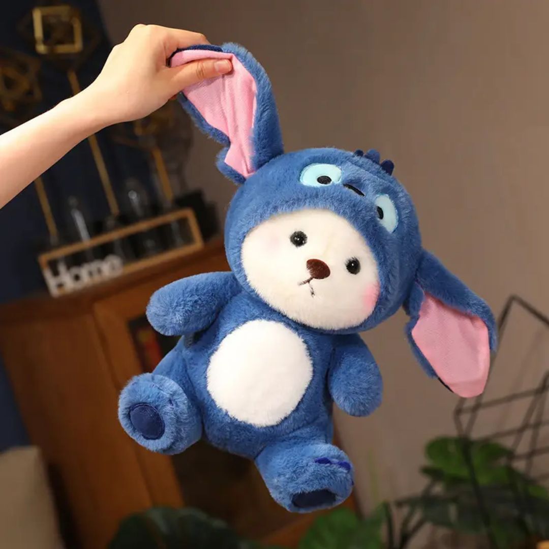 CuddleNest 30 cm Plush Teddy Bear in Blue Animal Costume with Big Ears – Soft and Huggable Stuffed Toy for Kids - Cap Bear_Blue_30*20*15