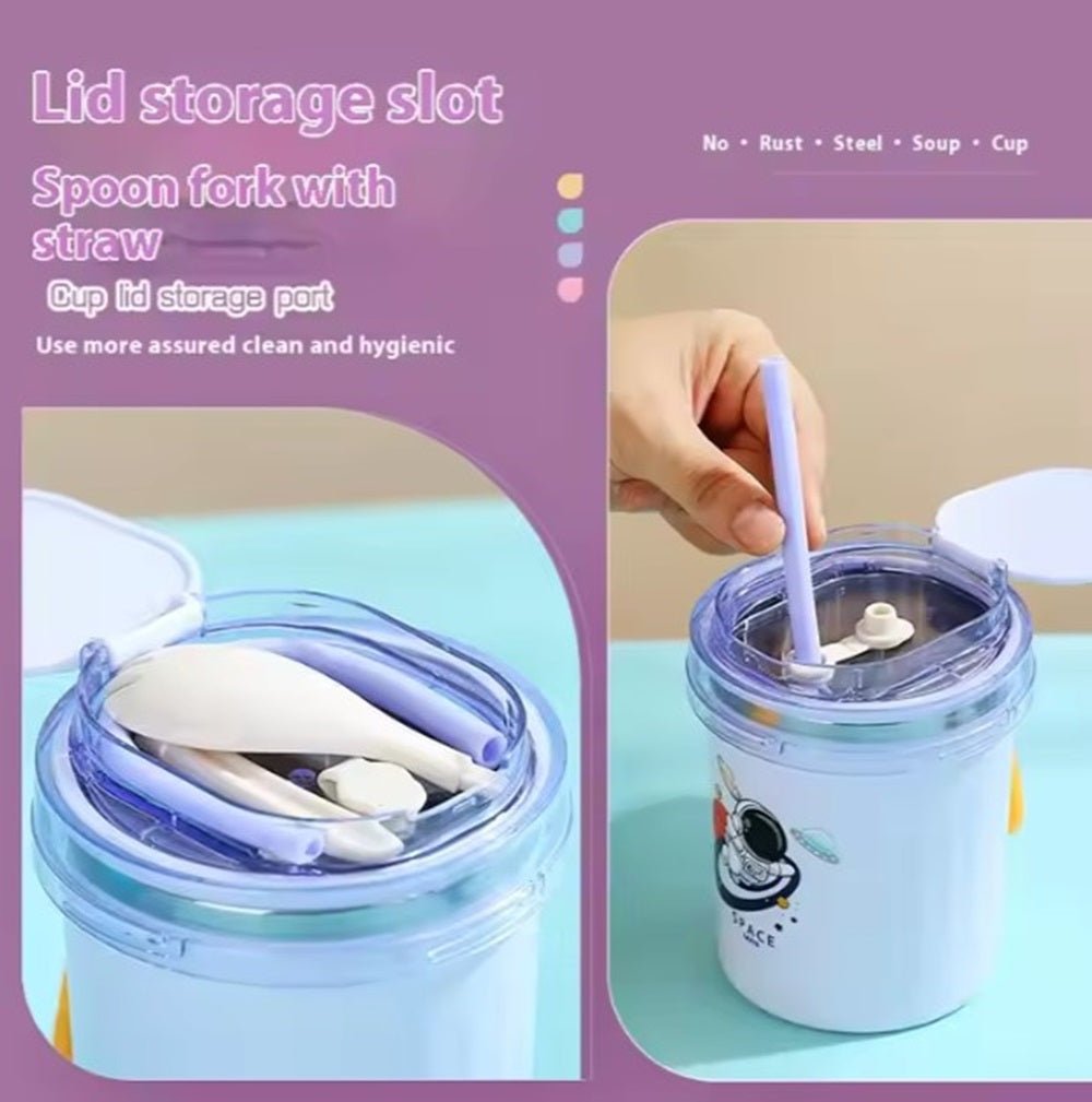 CuddleNest 530ml Stainless Steel Insulated Food Jar | Cartoon Soup Cup for Hot & Cold Meals | Kids School Tiffin | Travel Lunch Container (Blue) - Sealed Cup_7103_Blue_13*10*10