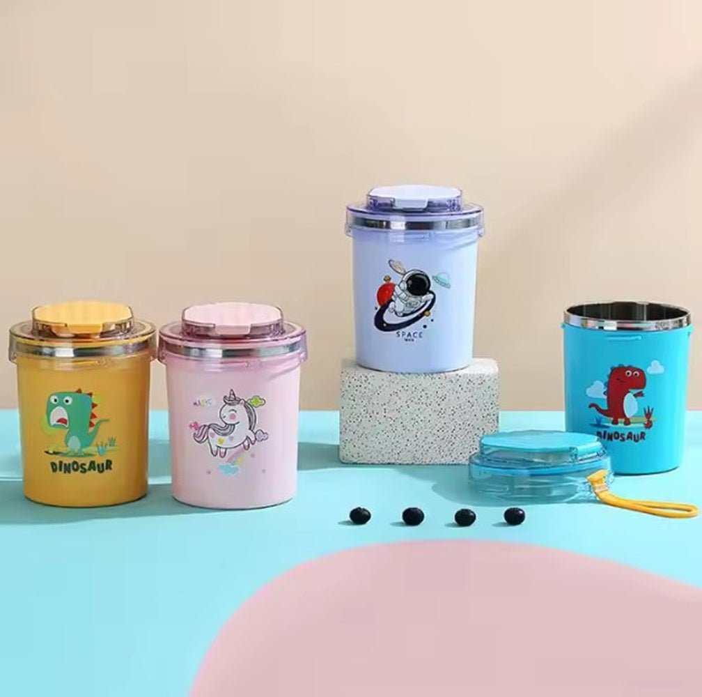 CuddleNest 530ml Stainless Steel Insulated Food Jar | Cartoon Soup Cup for Hot & Cold Meals | Kids School Tiffin | Travel Lunch Container (Blue) - Sealed Cup_7103_Blue_13*10*10
