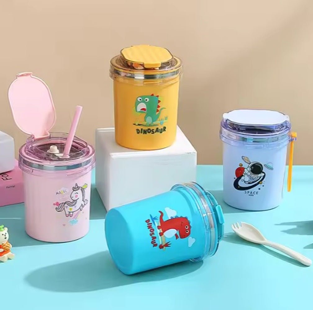 CuddleNest 530ml Stainless Steel Insulated Food Jar | Cartoon Soup Cup for Hot & Cold Meals | Kids School Tiffin | Travel Lunch Container (Pink) - Sealed Cup_7103_Pink_13*10*10