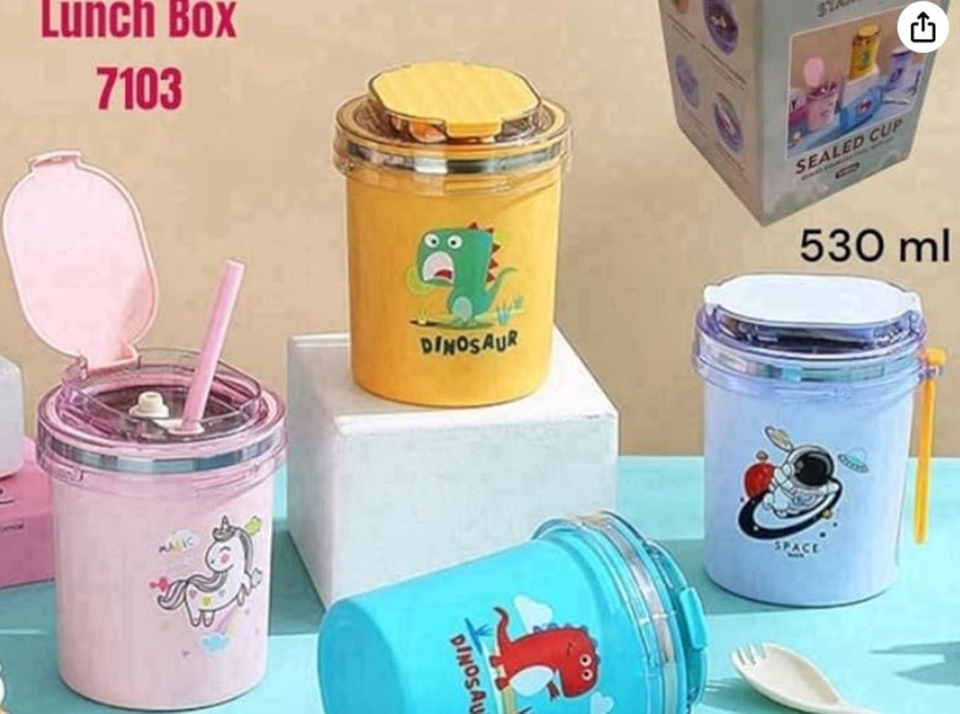 CuddleNest 530ml Stainless Steel Insulated Food Jar | Cartoon Soup Cup for Hot & Cold Meals | Kids School Tiffin | Travel Lunch Container (Pink) - Sealed Cup_7103_Pink_13*10*10