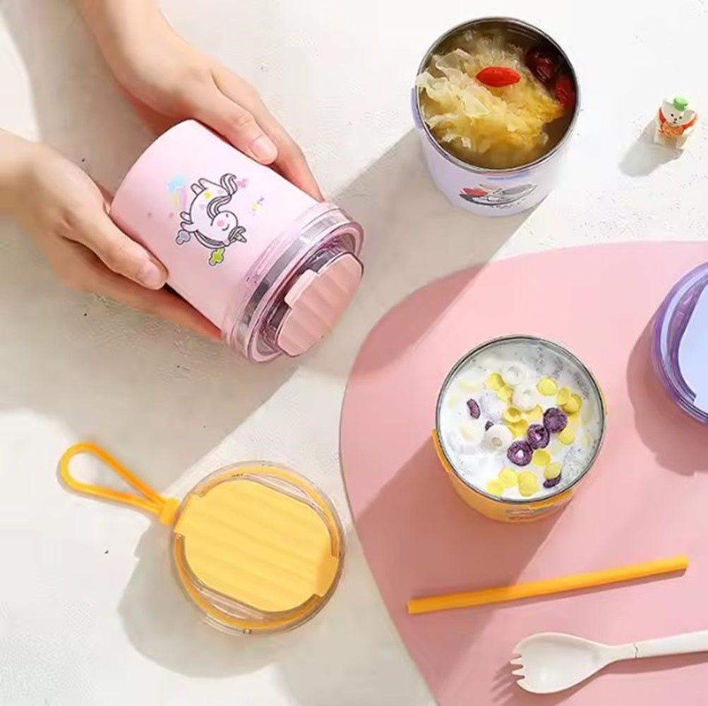 CuddleNest 530ml Stainless Steel Insulated Food Jar | Cartoon Soup Cup for Hot & Cold Meals | Kids School Tiffin | Travel Lunch Container (Pink) - Sealed Cup_7103_Pink_13*10*10
