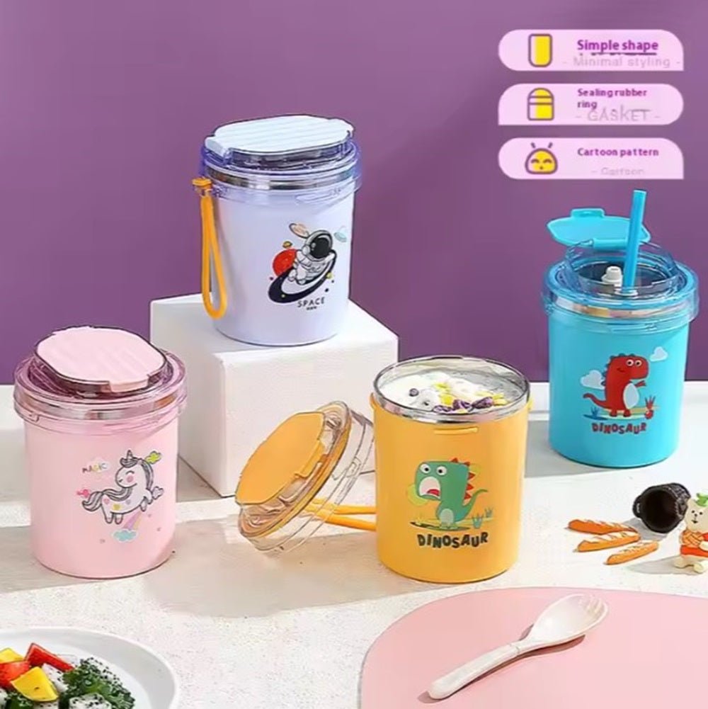 CuddleNest 530ml Stainless Steel Insulated Food Jar | Cartoon Soup Cup for Hot & Cold Meals | Kids School Tiffin | Travel Lunch Container (Pink) - Sealed Cup_7103_Pink_13*10*10