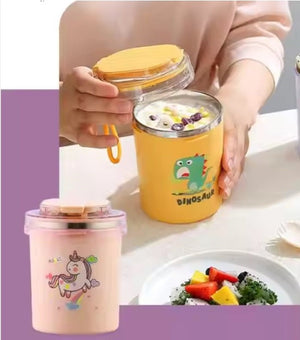 CuddleNest 530ml Stainless Steel Insulated Food Jar | Cartoon Soup Cup for Hot & Cold Meals | Kids School Tiffin | Travel Lunch Container (Yellow) - Lunch box