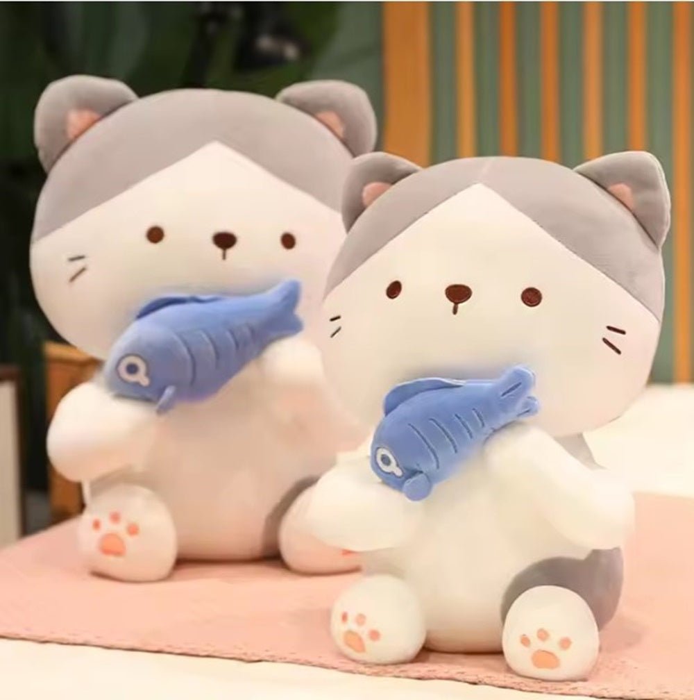 CuddleNest Adorable and Safe Fish Cat Plush Toy for Children – Non - Toxic, Huggable, Washable & Perfect for Birthdays or Nursery Decor - Cat With Fish_Grey_28*18*12