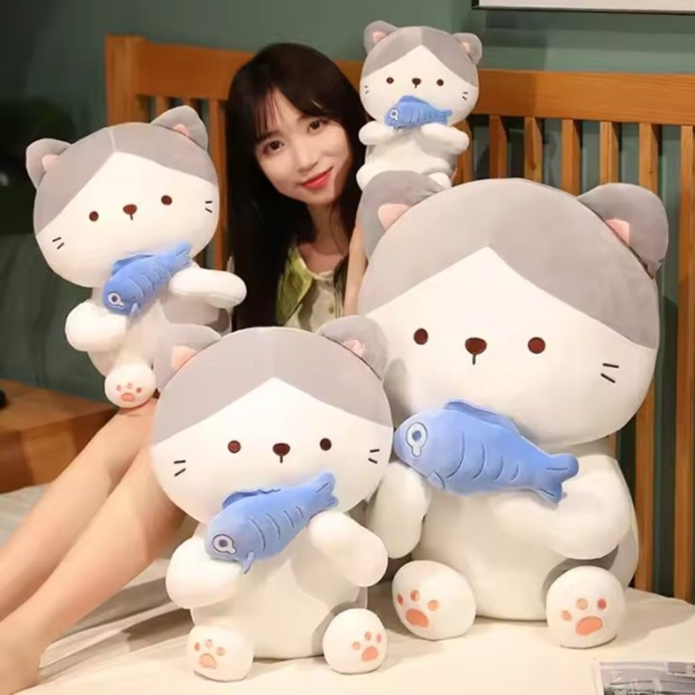 CuddleNest Adorable and Safe Fish Cat Plush Toy for Children – Non - Toxic, Huggable, Washable & Perfect for Birthdays or Nursery Decor - Cat With Fish_Grey_28*18*12