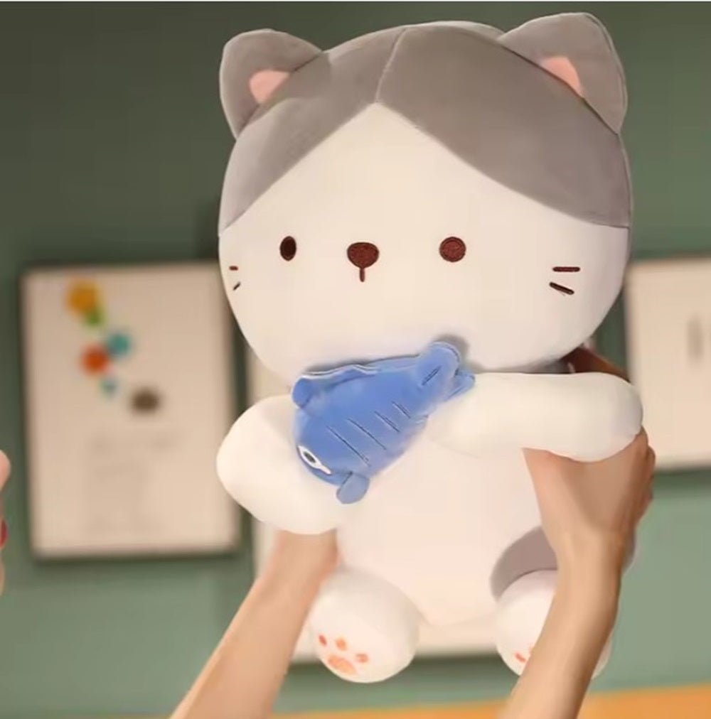 CuddleNest Adorable and Safe Fish Cat Plush Toy for Children – Non - Toxic, Huggable, Washable & Perfect for Birthdays or Nursery Decor - Cat With Fish_Grey_28*18*12