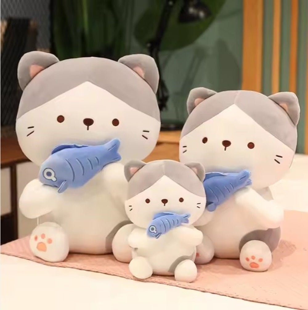 CuddleNest Adorable and Safe Fish Cat Plush Toy for Children – Non - Toxic, Huggable, Washable & Perfect for Birthdays or Nursery Decor - Cat With Fish_Grey_28*18*12