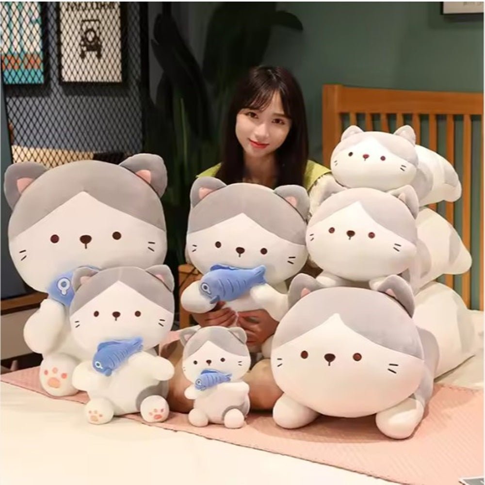 CuddleNest Adorable and Safe Fish Cat Plush Toy for Children – Non - Toxic, Huggable, Washable & Perfect for Birthdays or Nursery Decor - Cat With Fish_Grey_28*18*12