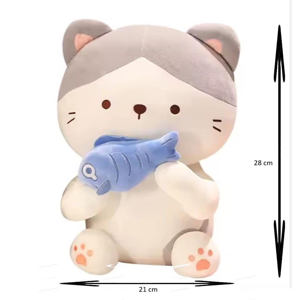 CuddleNest Adorable and Safe Fish Cat Plush Toy for Children – Non - Toxic, Huggable, Washable & Perfect for Birthdays or Nursery Decor - Cat With Fish_Grey_28*18*12