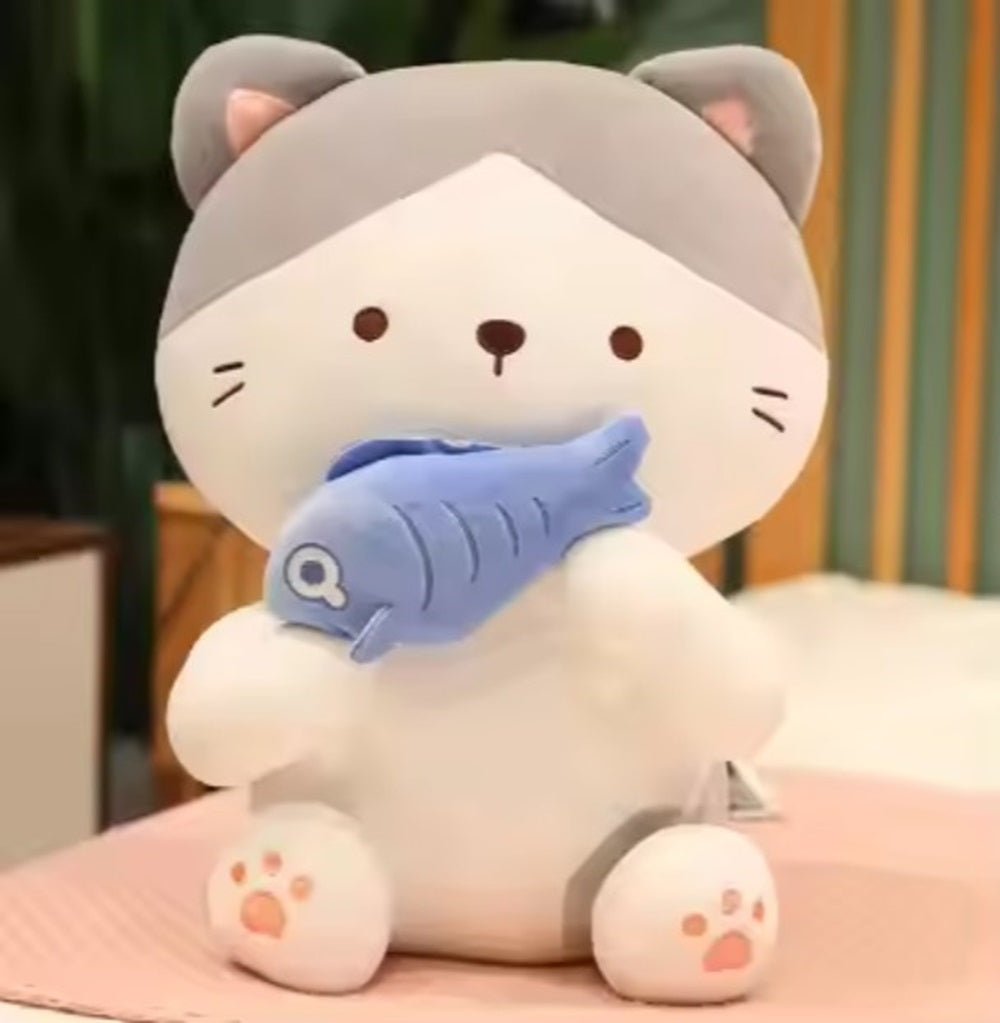 CuddleNest Adorable and Safe Fish Cat Plush Toy for Children – Non - Toxic, Huggable, Washable & Perfect for Birthdays or Nursery Decor - Cat With Fish_Grey_28*18*12