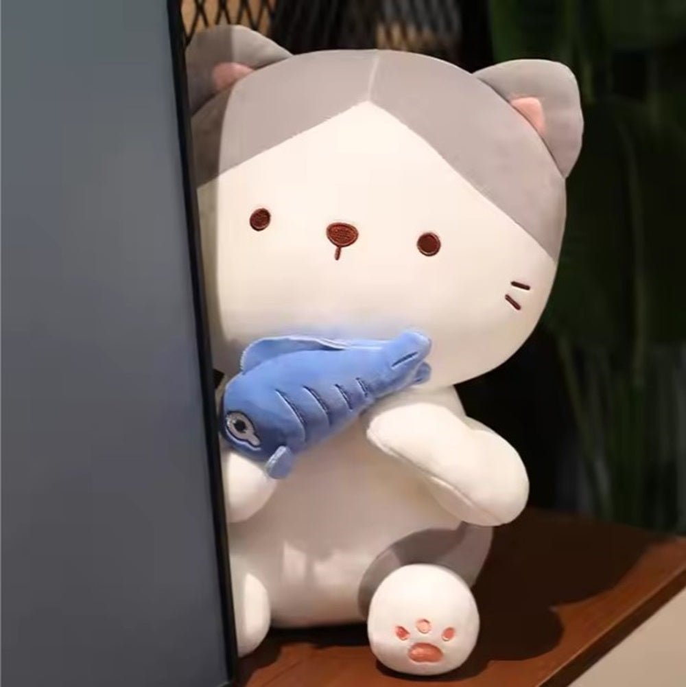 CuddleNest Adorable and Safe Fish Cat Plush Toy for Children – Non - Toxic, Huggable, Washable & Perfect for Birthdays or Nursery Decor - Cat With Fish_Grey_28*18*12