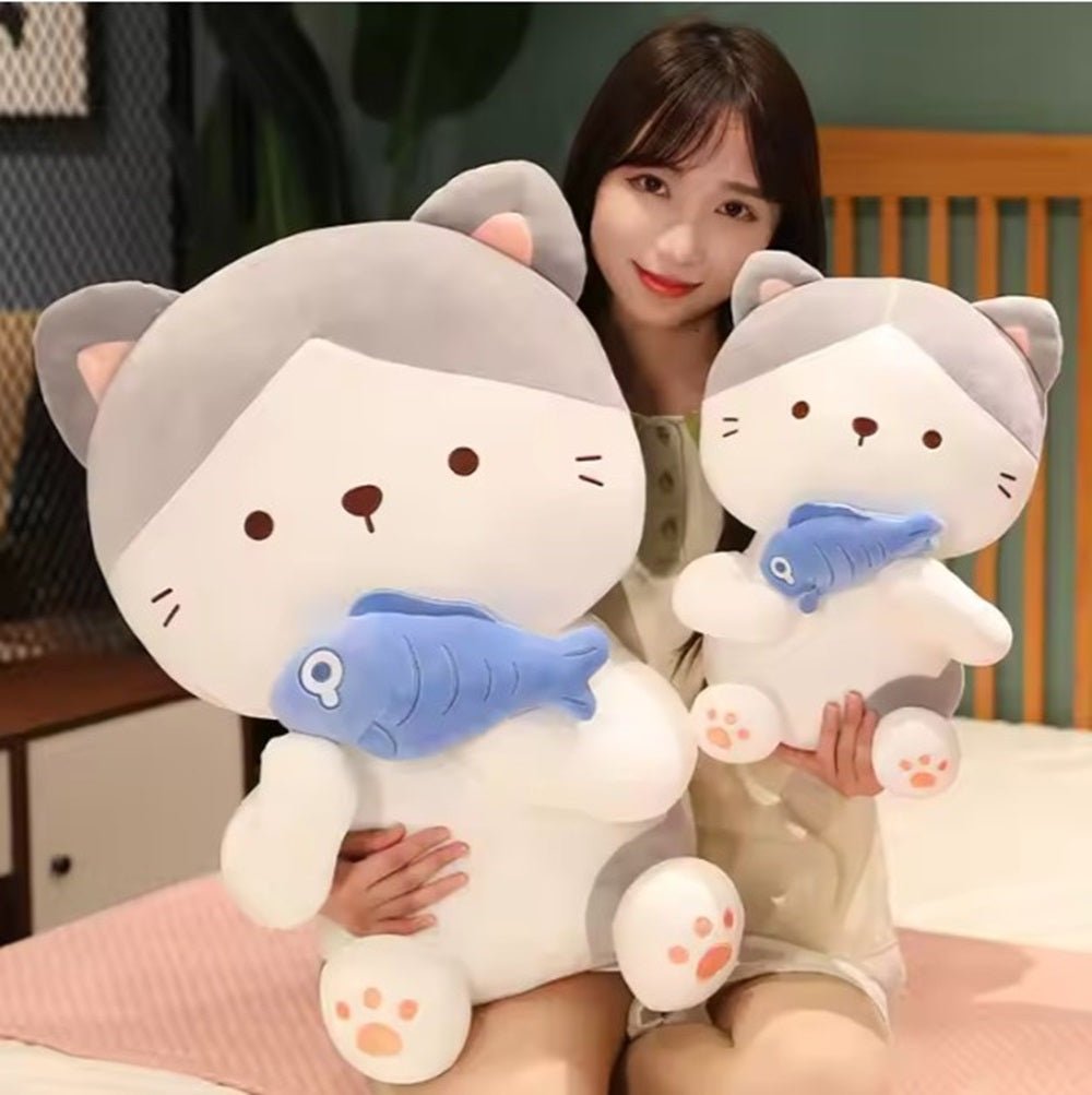 CuddleNest Adorable and Safe Fish Cat Plush Toy for Children – Non - Toxic, Huggable, Washable & Perfect for Birthdays or Nursery Decor - Cat With Fish_Grey_28*18*12