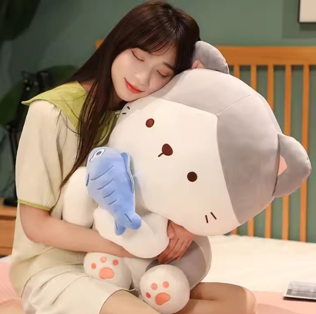 CuddleNest Adorable and Safe Fish Cat Plush Toy for Children – Non - Toxic, Huggable, Washable & Perfect for Birthdays or Nursery Decor - Cat With Fish_Grey_28*18*12