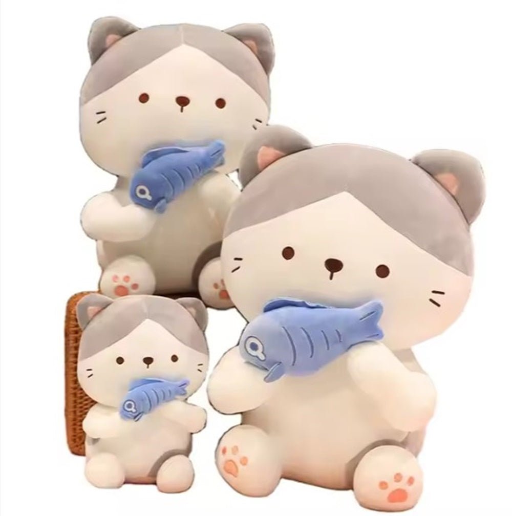 CuddleNest Adorable and Safe Fish Cat Plush Toy for Children – Non - Toxic, Huggable, Washable & Perfect for Birthdays or Nursery Decor - Cat With Fish_Grey_28*18*12