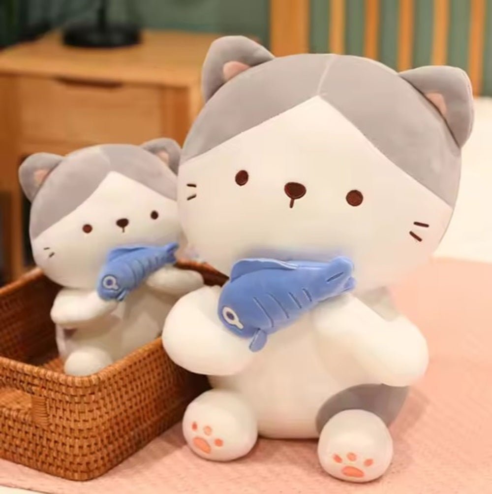 CuddleNest Adorable and Safe Fish Cat Plush Toy for Children – Non - Toxic, Huggable, Washable & Perfect for Birthdays or Nursery Decor - Cat With Fish_Grey_28*18*12