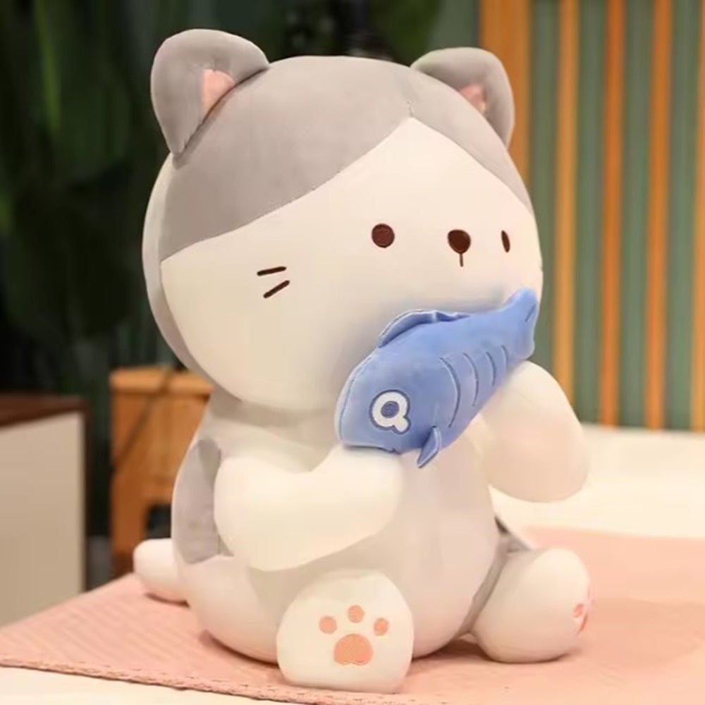 CuddleNest Adorable and Safe Fish Cat Plush Toy for Children – Non - Toxic, Huggable, Washable & Perfect for Birthdays or Nursery Decor - Cat With Fish_Grey_28*18*12