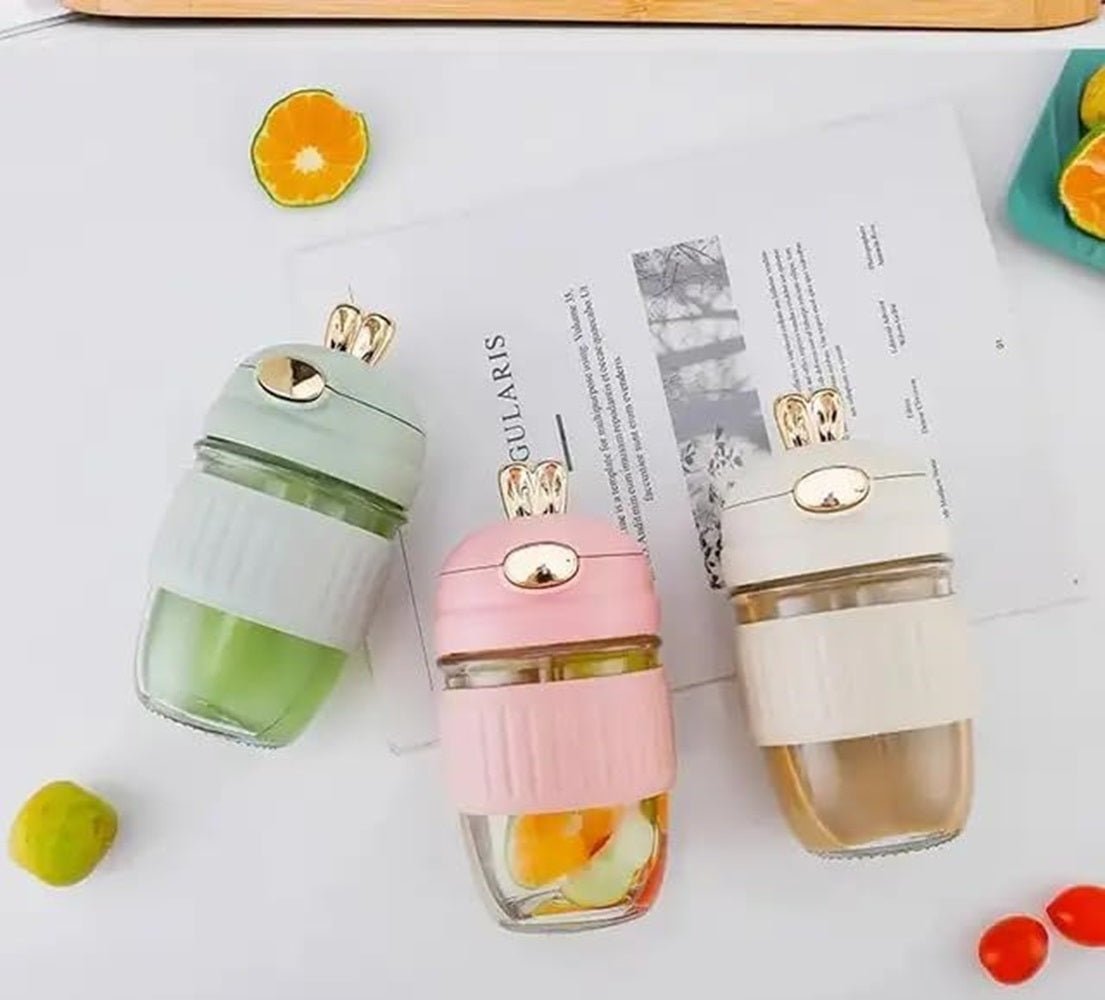 CuddleNest Adorable Rabbit Double Drinking Cup – Glass Mug with Straw & Lid | Portable & Leakproof - Sipper_Rabbit Ear_0114_Green_17*8*8