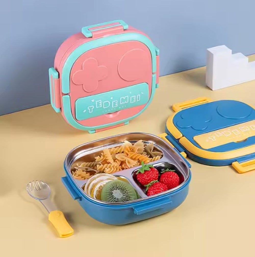 CuddleNest Bento Lunch Box for Kids – Stainless Steel 3 - Compartment Lunch Set with Spoon & Fork | Colorful, Leakproof, BPA - Free, Dishwasher Safe | Ideal Tiffin for School Children (Blue) - S.S._Lunch Box_3 Com_304_Blue_17*17*6