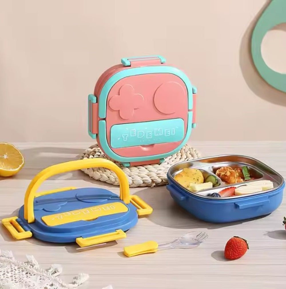 CuddleNest Bento Lunch Box for Kids – Stainless Steel 3 - Compartment Lunch Set with Spoon & Fork | Colorful, Leakproof, BPA - Free, Dishwasher Safe | Ideal Tiffin for School Children (Blue) - S.S._Lunch Box_3 Com_304_Blue_17*17*6
