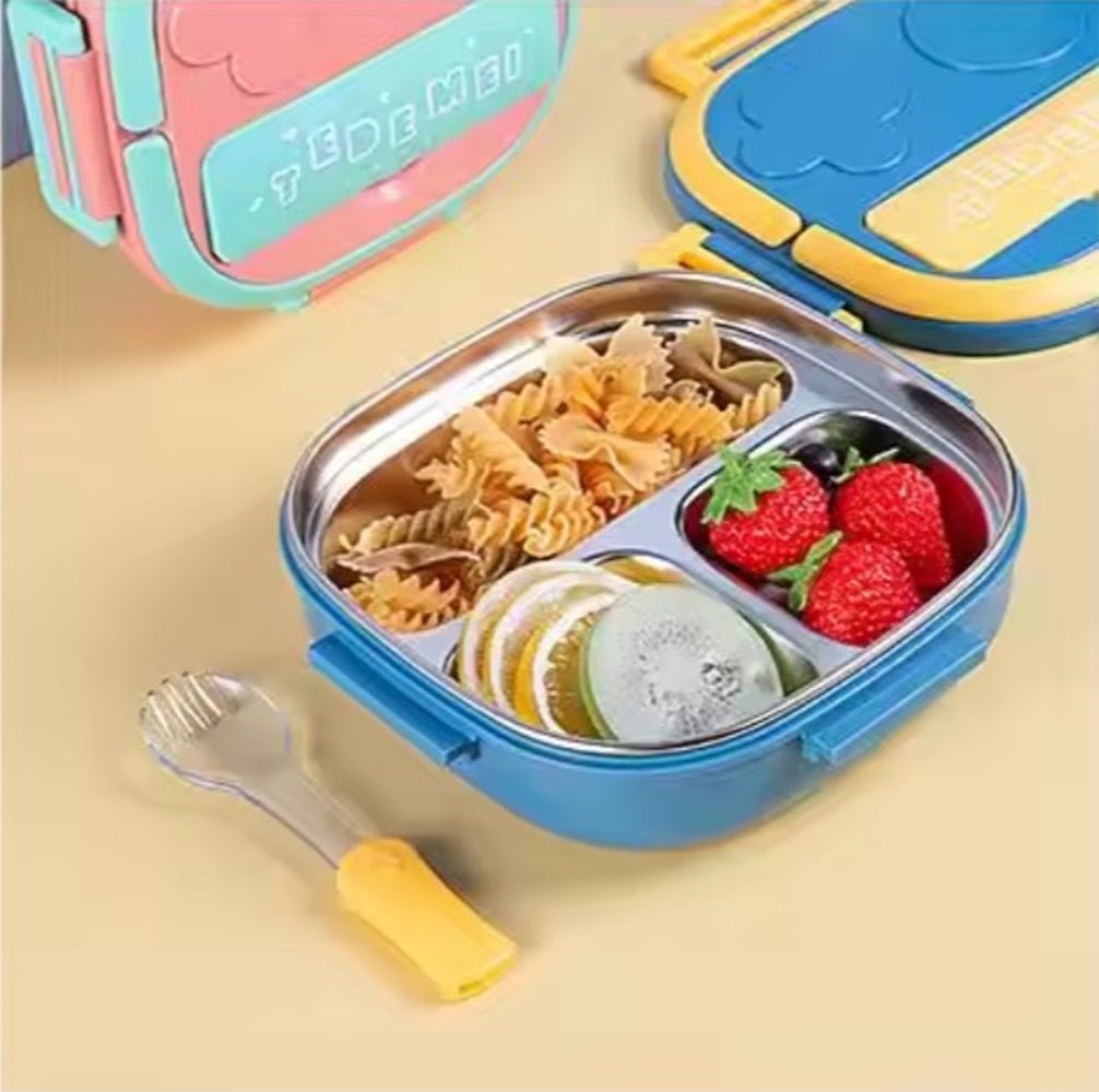 CuddleNest Bento Lunch Box for Kids – Stainless Steel 3 - Compartment Lunch Set with Spoon & Fork | Colorful, Leakproof, BPA - Free, Dishwasher Safe | Ideal Tiffin for School Children (Blue) - S.S._Lunch Box_3 Com_304_Blue_17*17*6