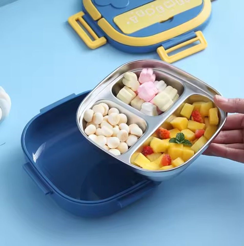 CuddleNest Bento Lunch Box for Kids – Stainless Steel 3 - Compartment Lunch Set with Spoon & Fork | Colorful, Leakproof, BPA - Free, Dishwasher Safe | Ideal Tiffin for School Children (Blue) - S.S._Lunch Box_3 Com_304_Blue_17*17*6