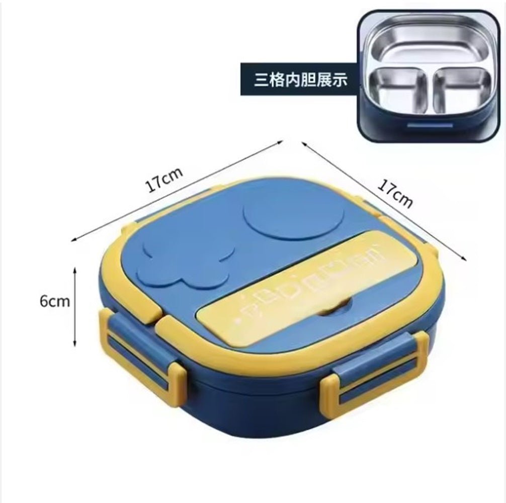 CuddleNest Bento Lunch Box for Kids – Stainless Steel 3 - Compartment Lunch Set with Spoon & Fork | Colorful, Leakproof, BPA - Free, Dishwasher Safe | Ideal Tiffin for School Children (Blue) - S.S._Lunch Box_3 Com_304_Blue_17*17*6