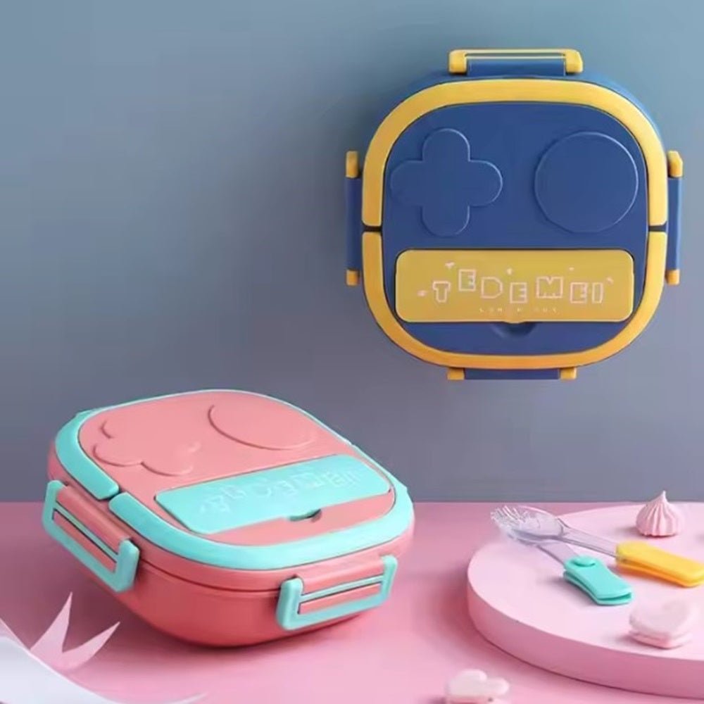 CuddleNest Bento Lunch Box for Kids – Stainless Steel 3 - Compartment Lunch Set with Spoon & Fork | Colorful, Leakproof, BPA - Free, Dishwasher Safe | Ideal Tiffin for School Children (Blue) - S.S._Lunch Box_3 Com_304_Blue_17*17*6