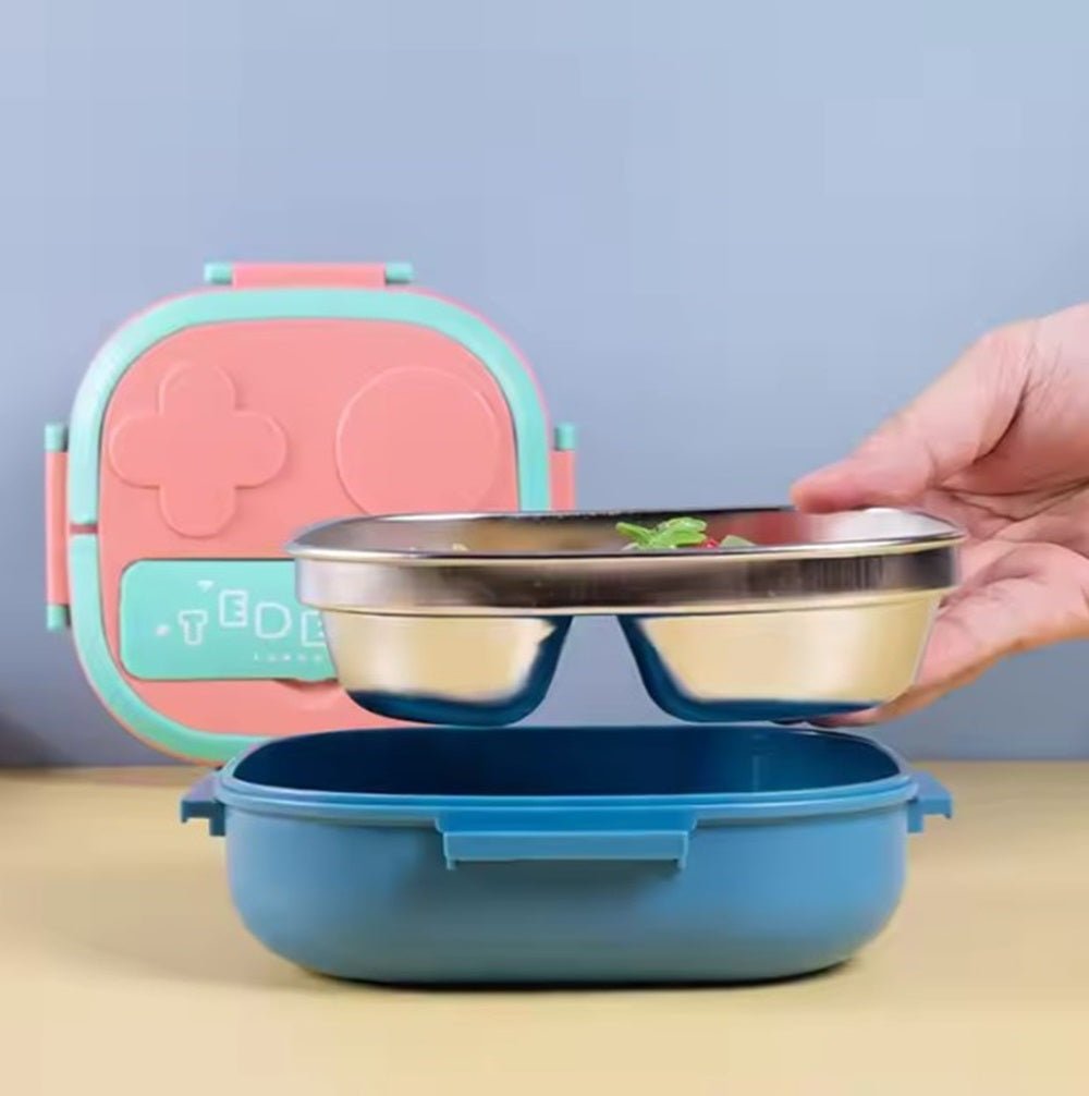 CuddleNest Bento Lunch Box for Kids – Stainless Steel 3 - Compartment Lunch Set with Spoon & Fork | Colorful, Leakproof, BPA - Free, Dishwasher Safe | Ideal Tiffin for School Children (Blue) - S.S._Lunch Box_3 Com_304_Blue_17*17*6