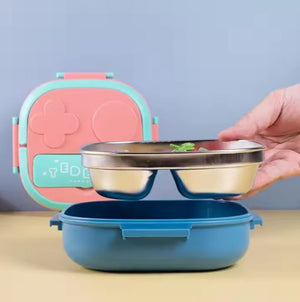 CuddleNest Bento Lunch Box for Kids – Stainless Steel 3-Compartment Lunch Set with Spoon & Fork | Colorful, Leakproof, BPA-Free, Dishwasher Safe | Ideal Tiffin for School Children (Blue)