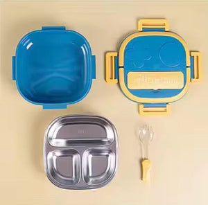 CuddleNest Bento Lunch Box for Kids – Stainless Steel 3-Compartment Lunch Set with Spoon & Fork | Colorful, Leakproof, BPA-Free, Dishwasher Safe | Ideal Tiffin for School Children (Blue)