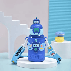 CuddleNest Cool Robot Kids’ Water Bottle – 450ml, Insulated & Travel - Friendly with Mini Toys! - Water_Bottle_Robot_Blue_21*8*8